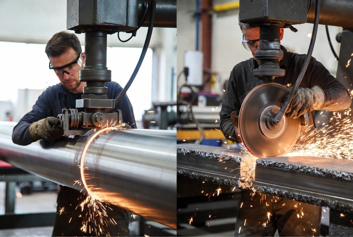 Side by side demonstration of how cutting wheel thickness affects performance and material loss